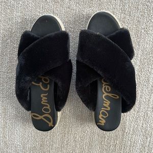 Faux fur crisscrossed straps, slipper-soft, espadrille-inspired platform sandal